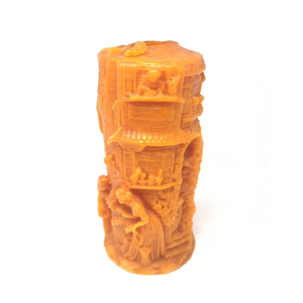 Wax Candle 9" Seasonal Autumn Decor Carved 1800's Motif Halloween Holiday Orange